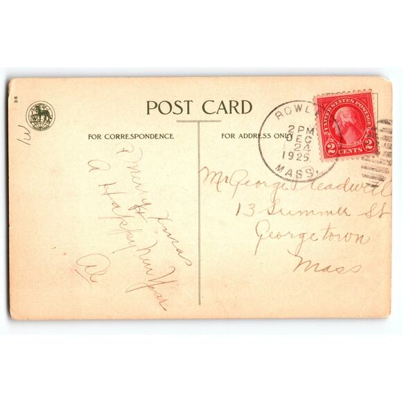 Vintage 1925 Christmas Postcard with Bells & Snowy Cottage Scene - Picture 2 of 2